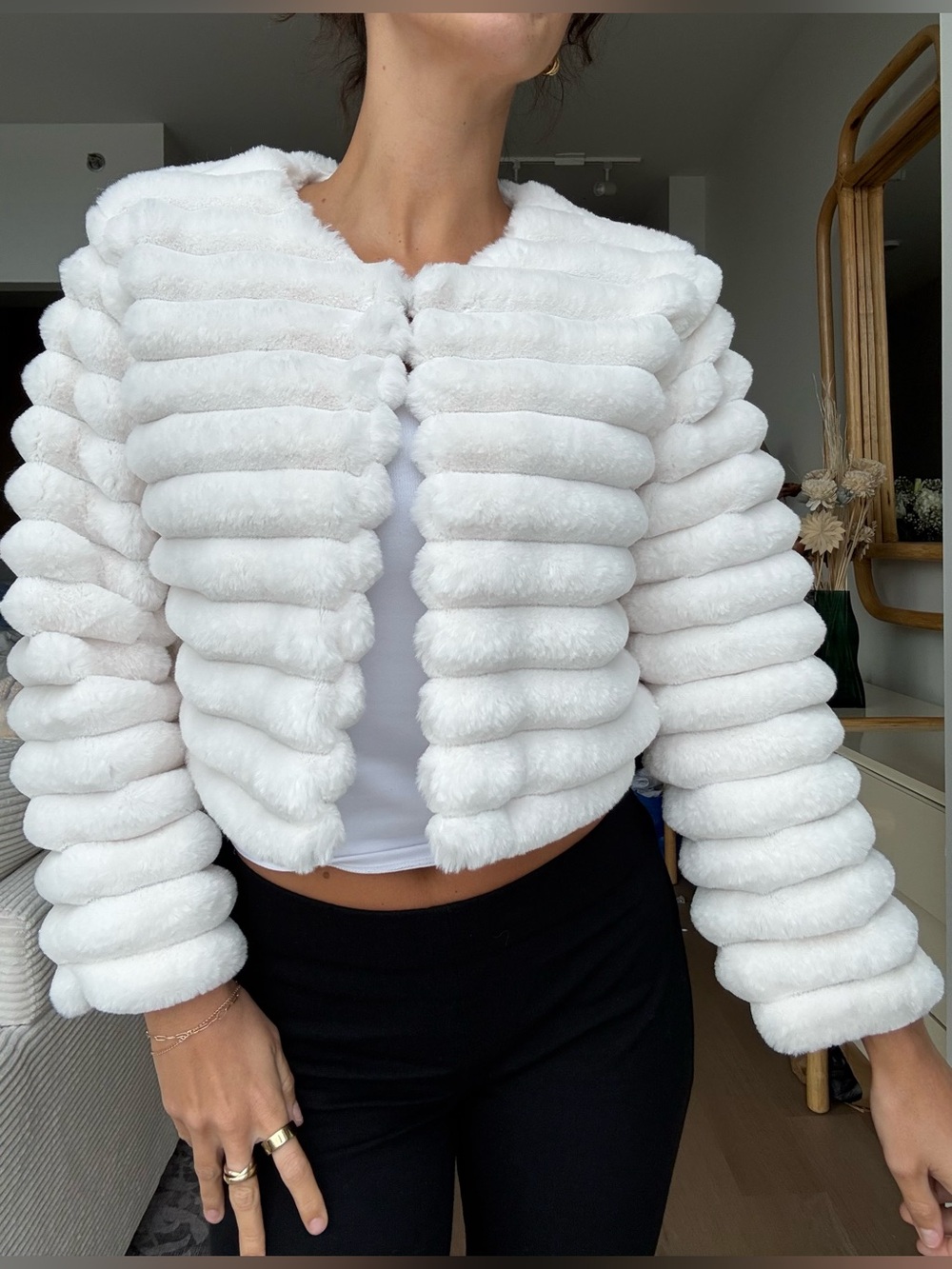 Blue Blush White Ribbed Faux Fur Teddy Jacket